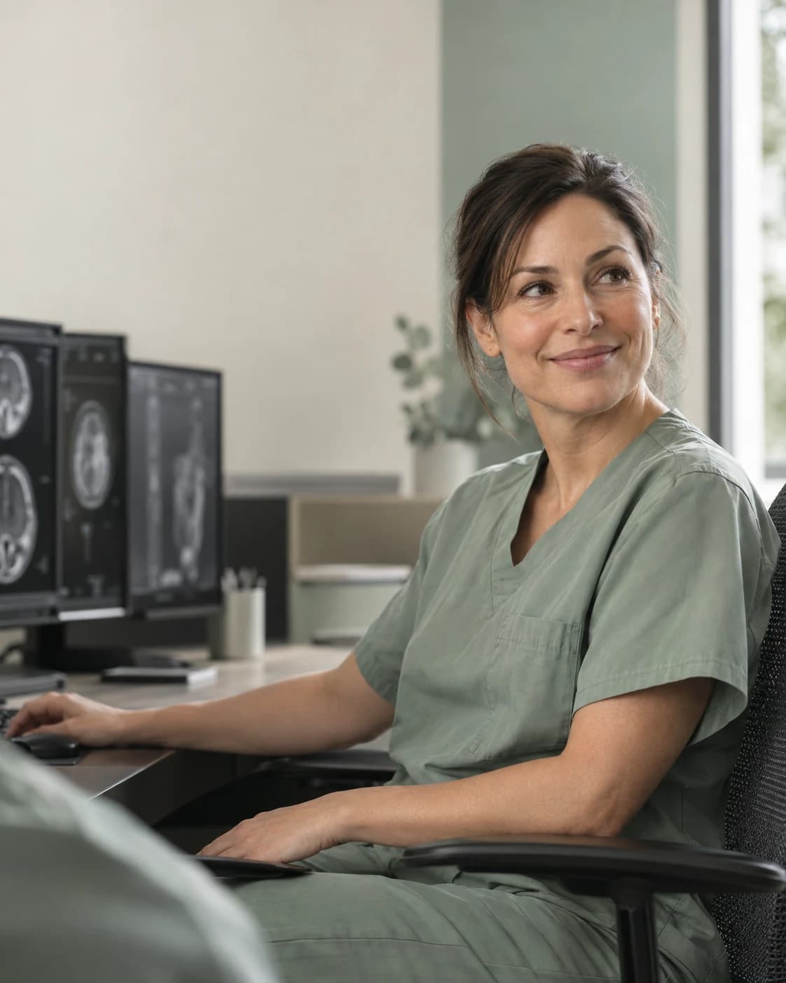 Radiologist smiling at a reading workstation
